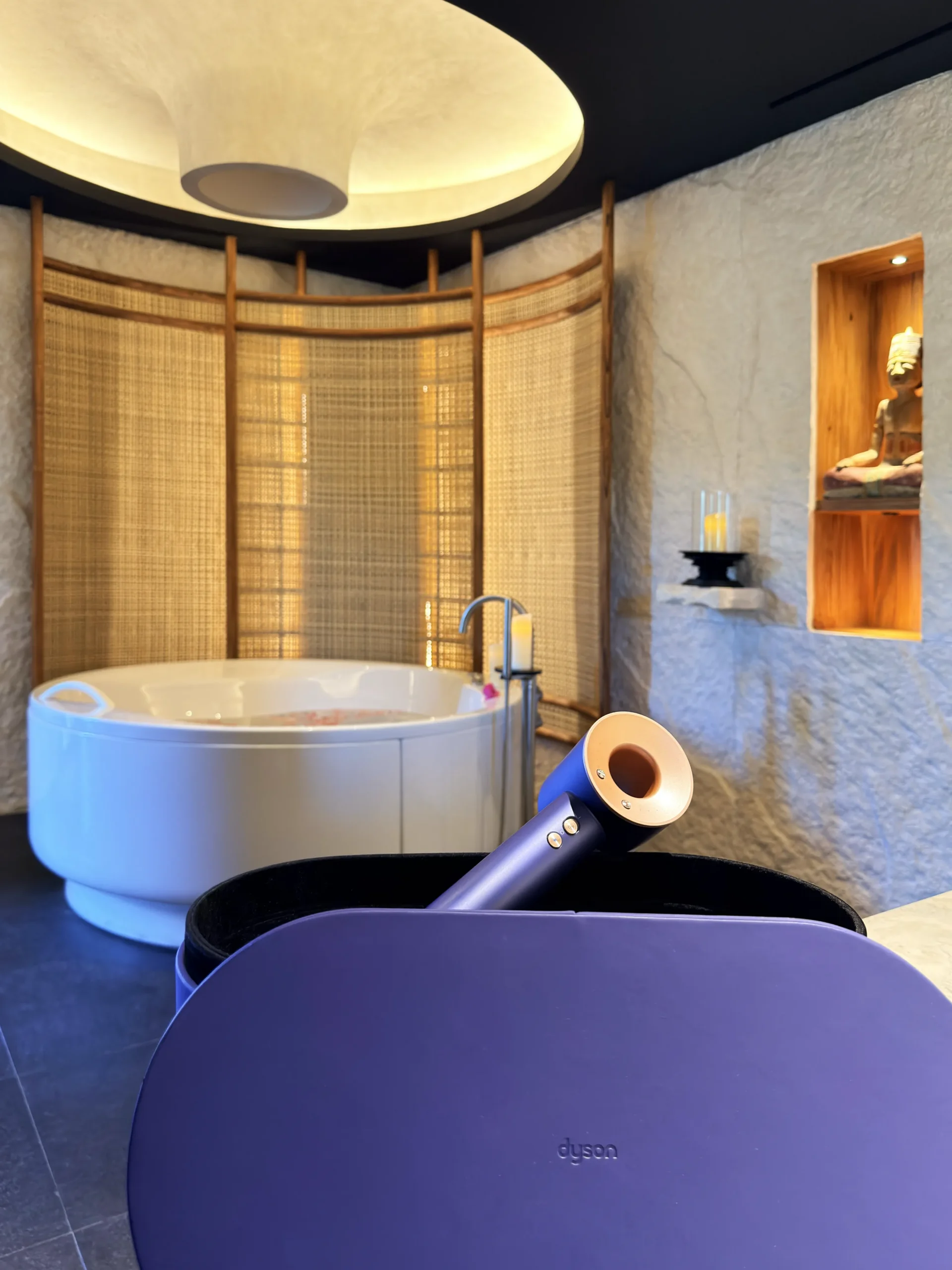High-end grooming station at Di'A Spa, equipped with professional-grade Dyson hair care tools for a refined post-treatment finish.