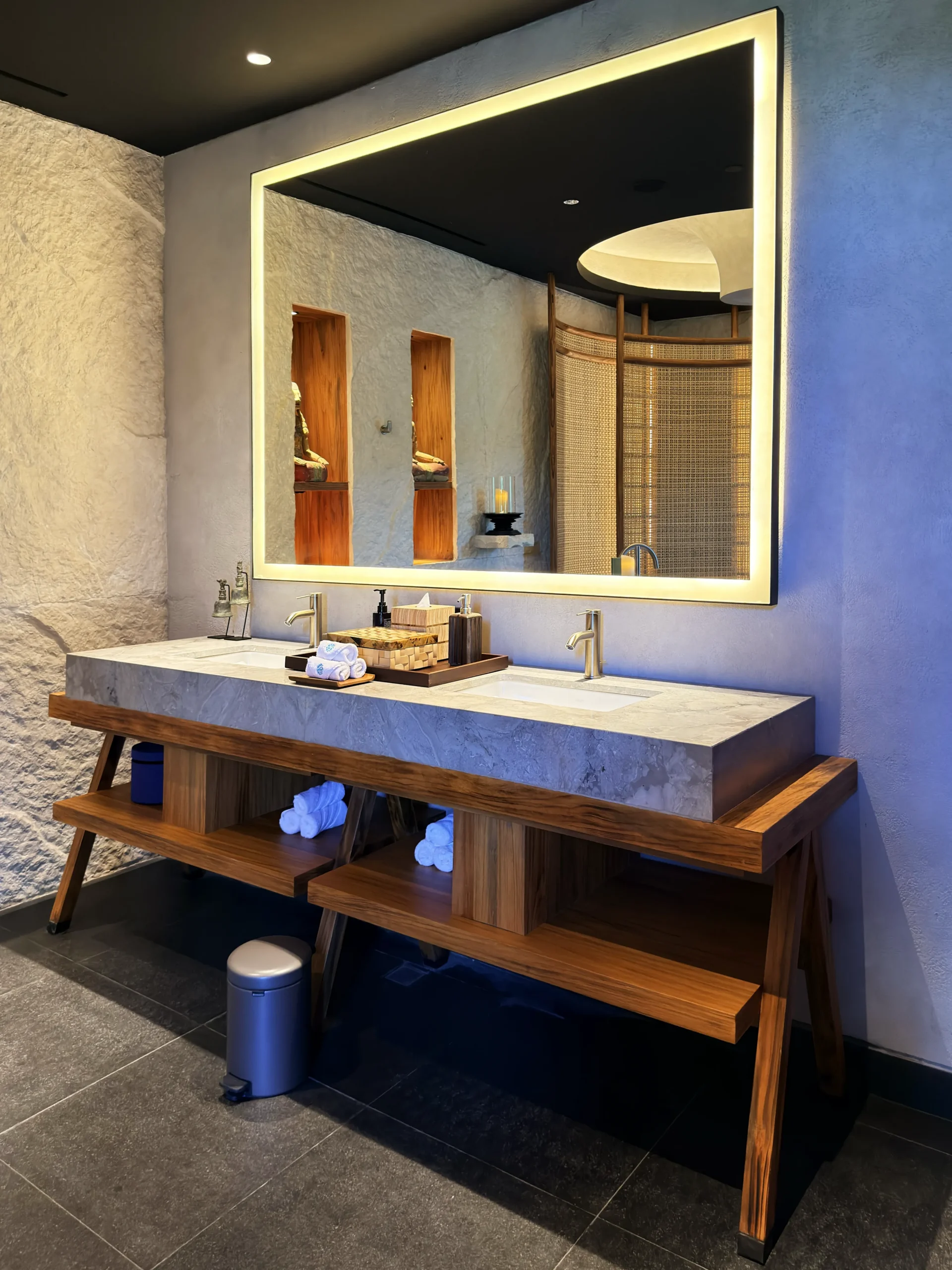 Elegant interior view of a double vanity unit inside a Di'A Spa suite, featuring sophisticated design, ample space, and premium bathroom finishes.